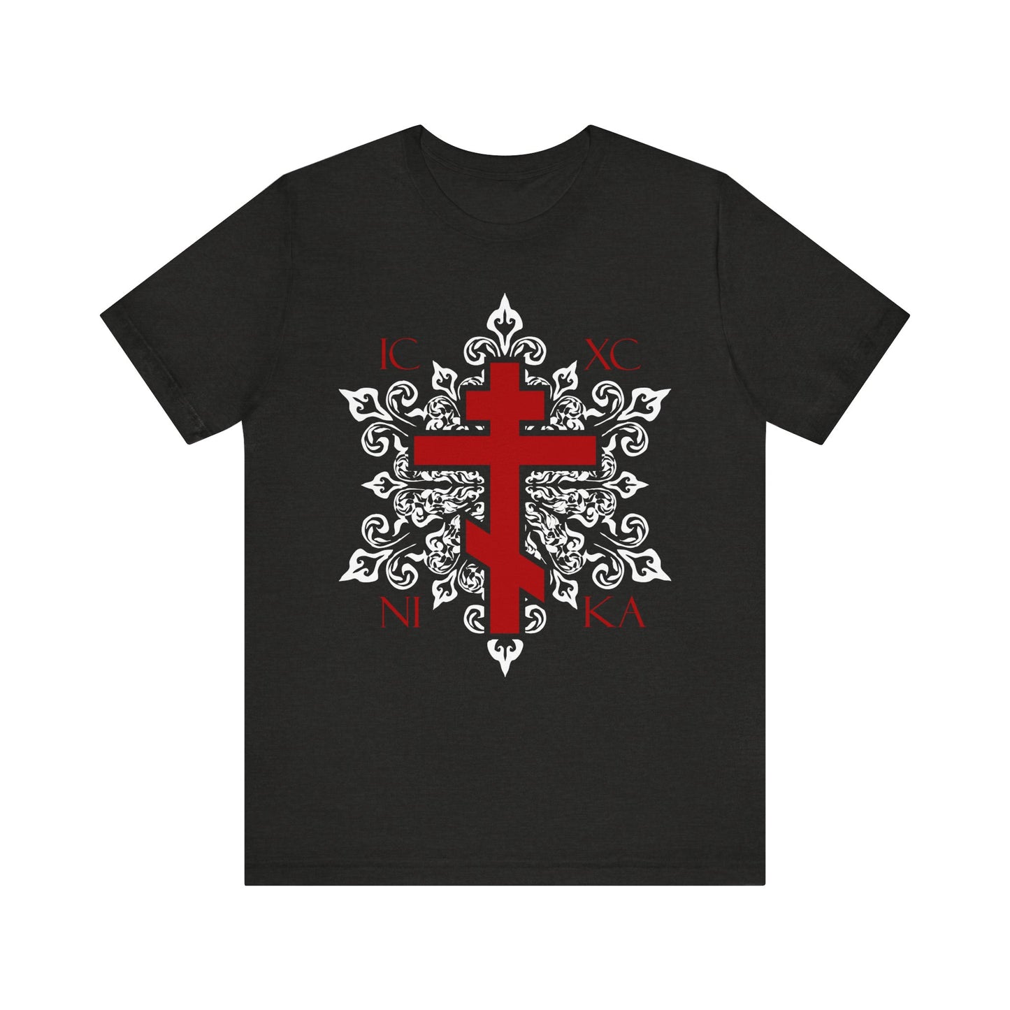The Black Heather "ICXC / NIKA Red Orthodox Cross on Ornate White Medieval Floral Design" tee features a red cross, floral patterns, and IC XC NI KA text—symbolizing Eden and Cherubim. Lightweight cotton; best-selling Orthodox Christian unisex T-shirt.