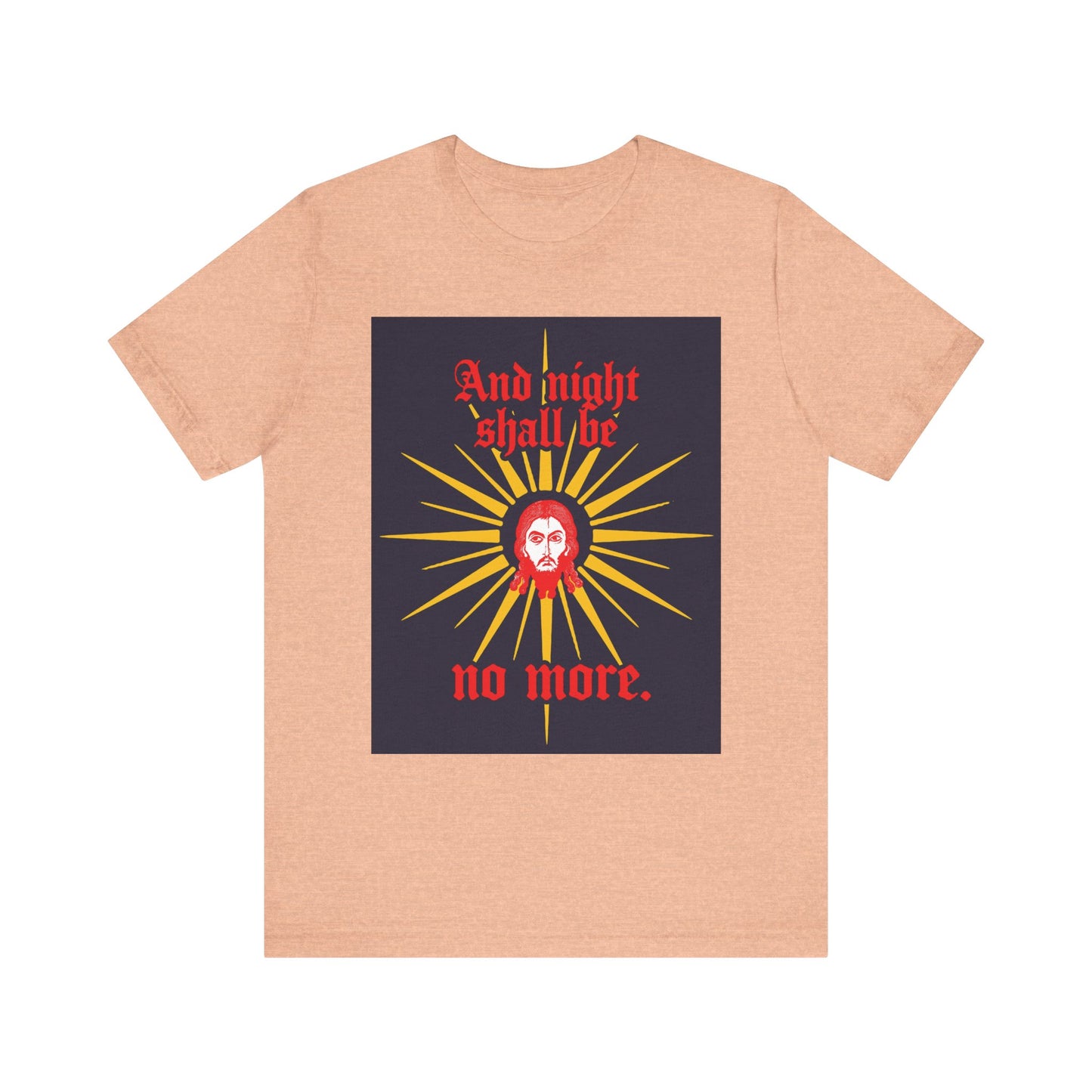 Heather Peach unisex tee featuring a sunburst, red-faced Mandylion icon, and gothic "And night shall be no more." text, inspired by Rev 22:5. Lightweight cotton. Orthodox Christian design.