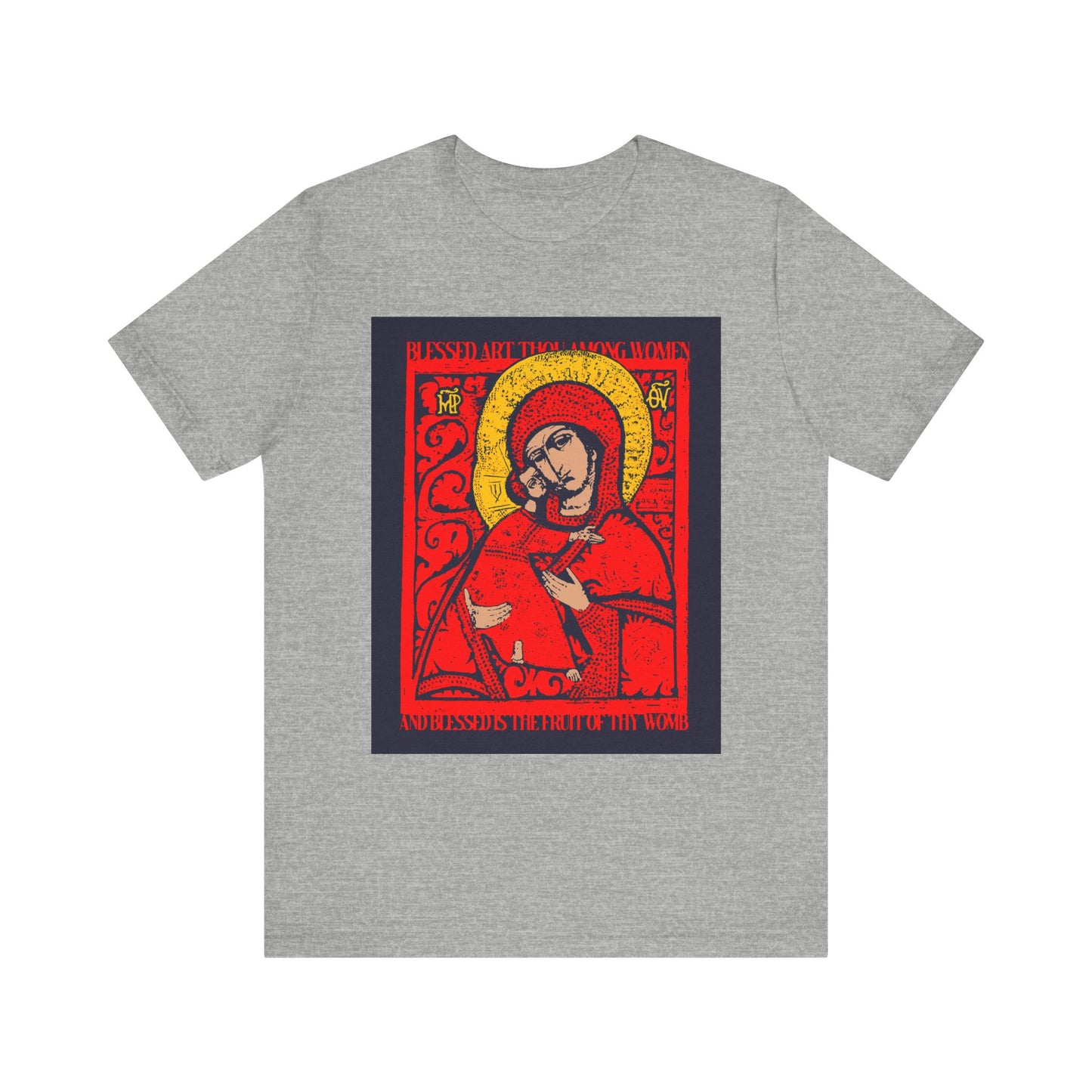 Athletic Heather unisex t-shirt featuring a medieval-style red and yellow Vladimir Theotokos iconographic graphic, inspired by Orthodox Christian art and depicting a haloed figure holding a feathered quill.