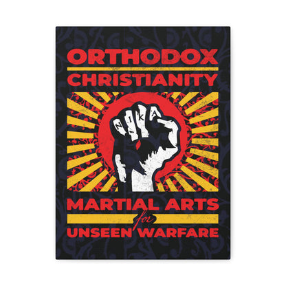 Orthodox Christianity: Martial Arts for Unseen Warfare | NIKA Jesus Fist on Colorful Sunburst Design | Orthodox Christian Canvas Art