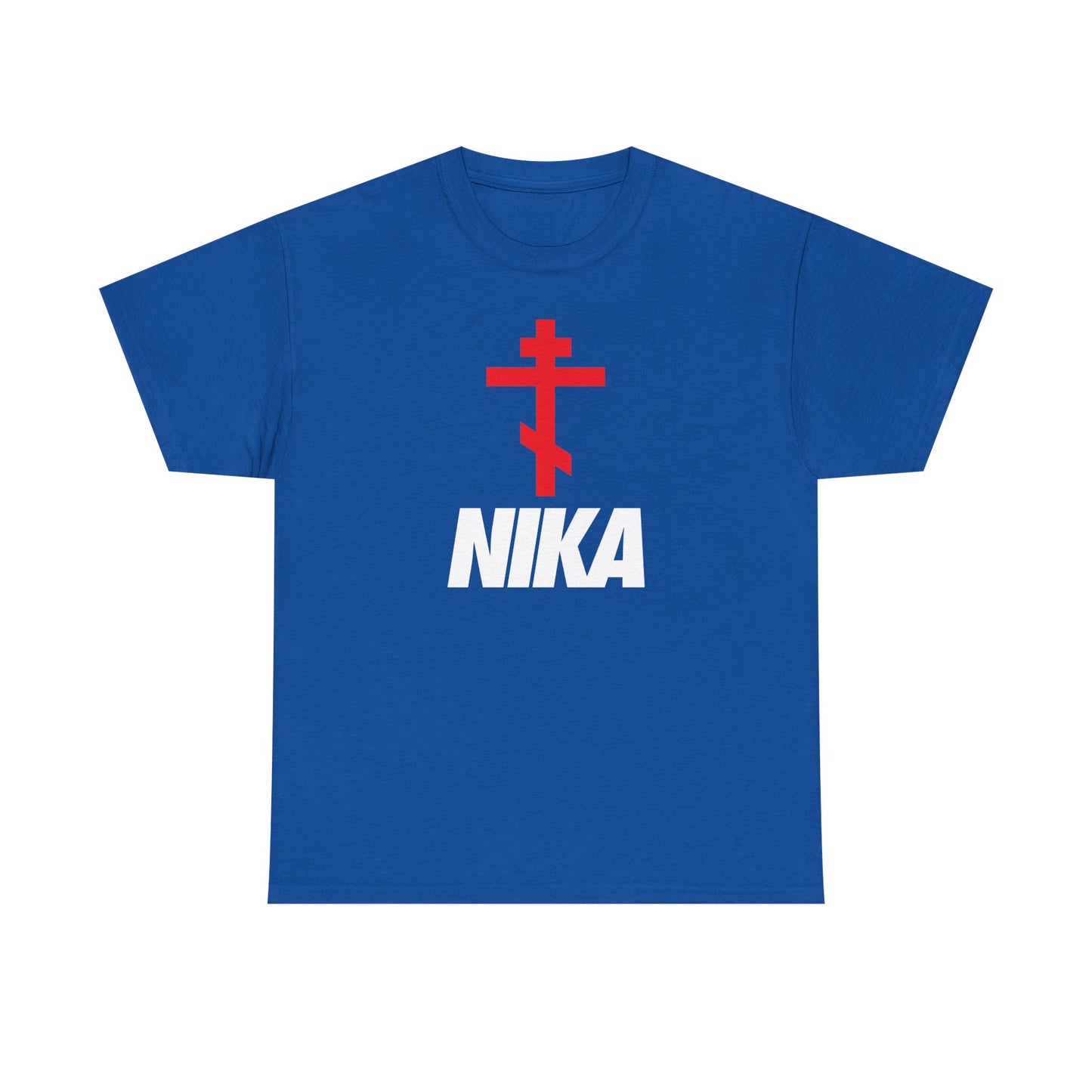 Royal blue t-shirt featuring an Orthodox cross with a Christogram above bold white "NIKA" letters, inspired by the Nike logo. Minimalist Christian heavy cotton tee for athletic ascetic fashion.