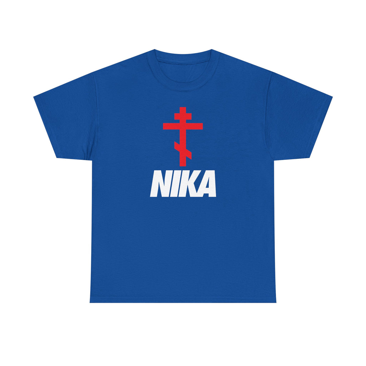 Royal blue t-shirt featuring an Orthodox cross with a Christogram above bold white "NIKA" letters, inspired by the Nike logo. Minimalist Christian heavy cotton tee for athletic ascetic fashion.