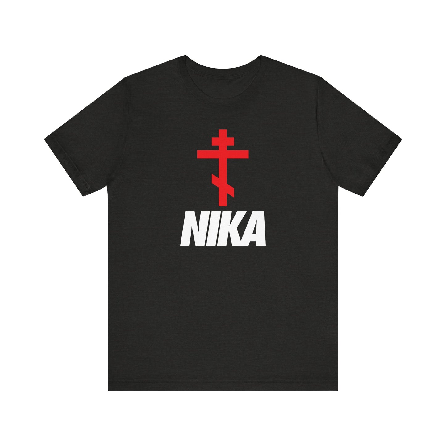 Black Heather tee featuring a red Orthodox cross above bold white NIKA text, blending minimalist Christian style with an athletic edge. Lightweight cotton unisex fit—ideal for any NIKA shirt collection.