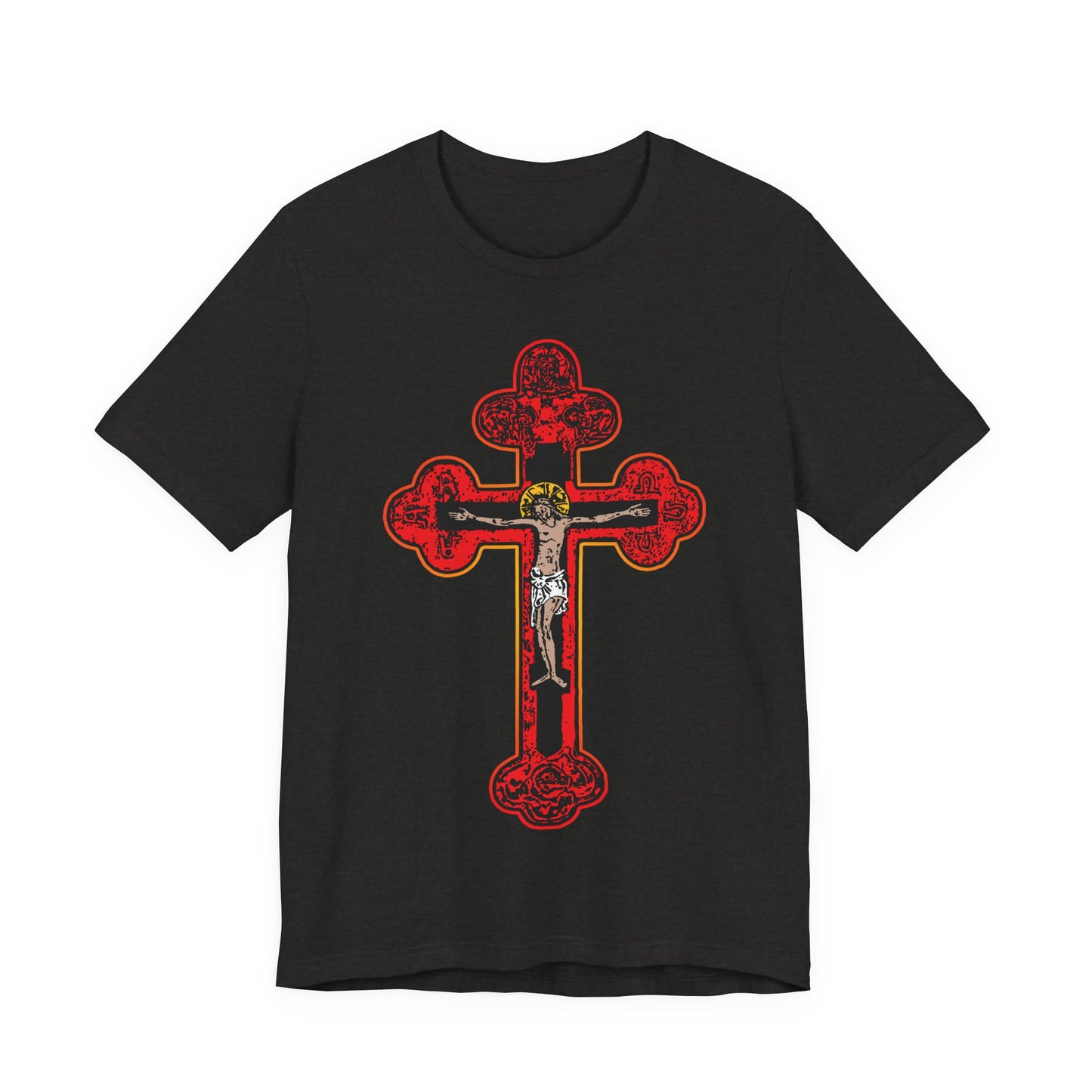 Black Heather tee with ornate red Byzantine Golgotha cross, gold and white crucifix, and "I Am Crucified With Christ" design. Unisex cotton shirt inspired by Orthodox Christian faith.