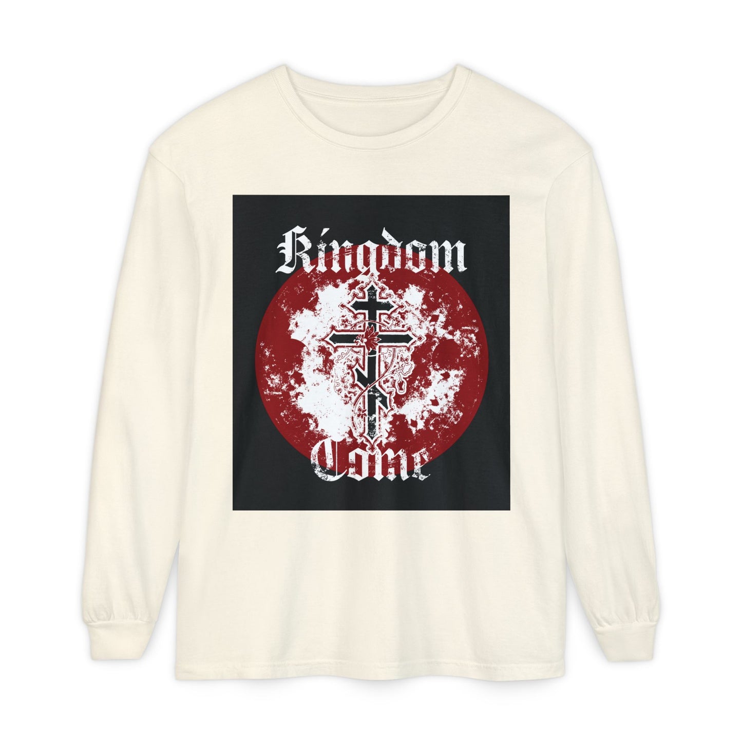 Kingdom Come | Lord's Prayer | Orthodox Cross with Vine | Textured Gothic Font | Orthodox Long Sleeve Cotton Shirt