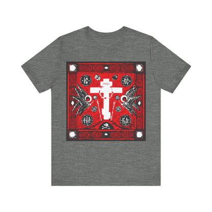 Adoration of Holy Cross IconoGraphic | Striking Red, White, & Black Russian Cross Design w/ Angels  | Orthodox Christian T-Shirt