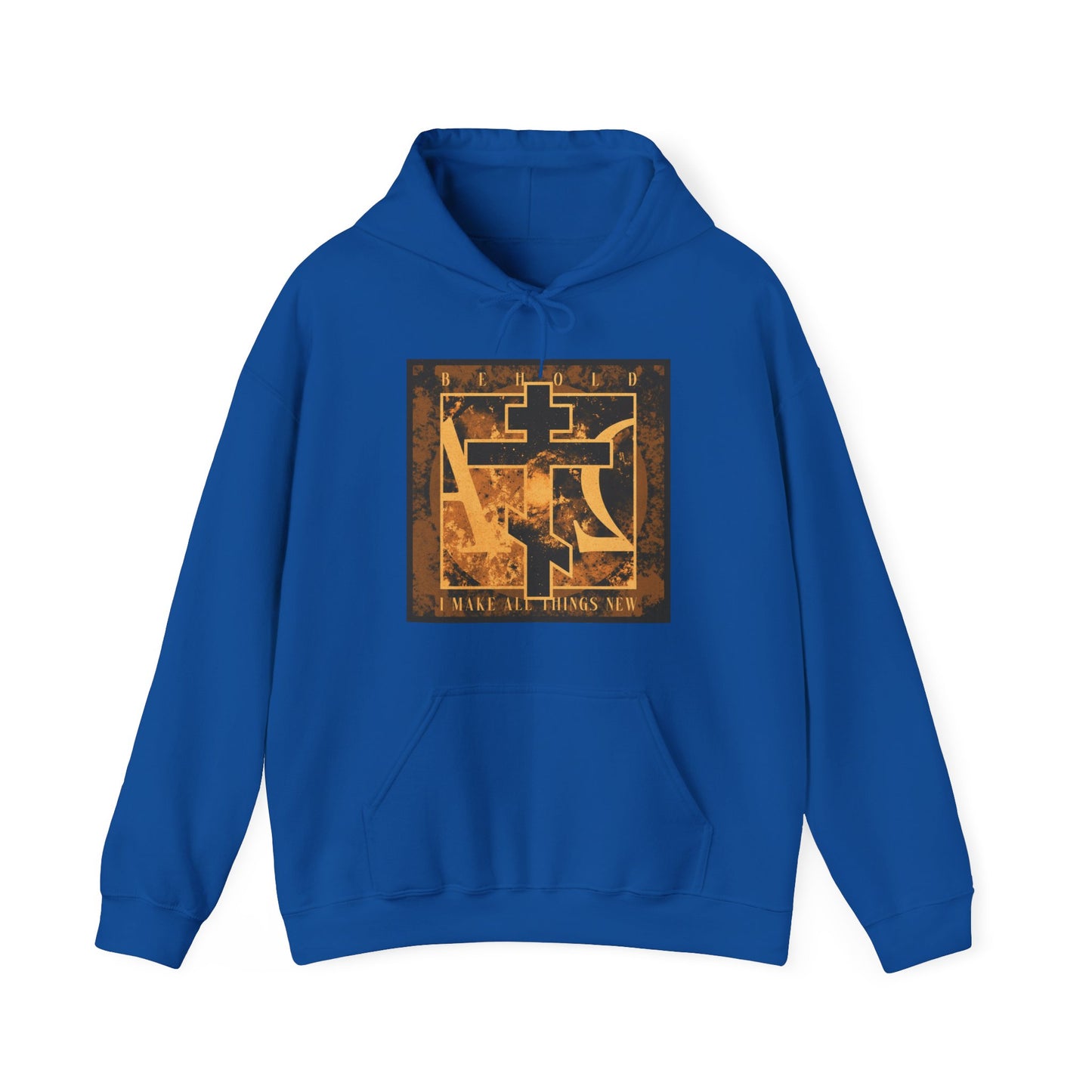 Royal hoodie featuring a brown and orange Orthodox cross with Alpha & Omega background and “Behold, I Make All Things New” (Rev 21:5) text on the front. An Orthodox Christian design inspired by renewal.