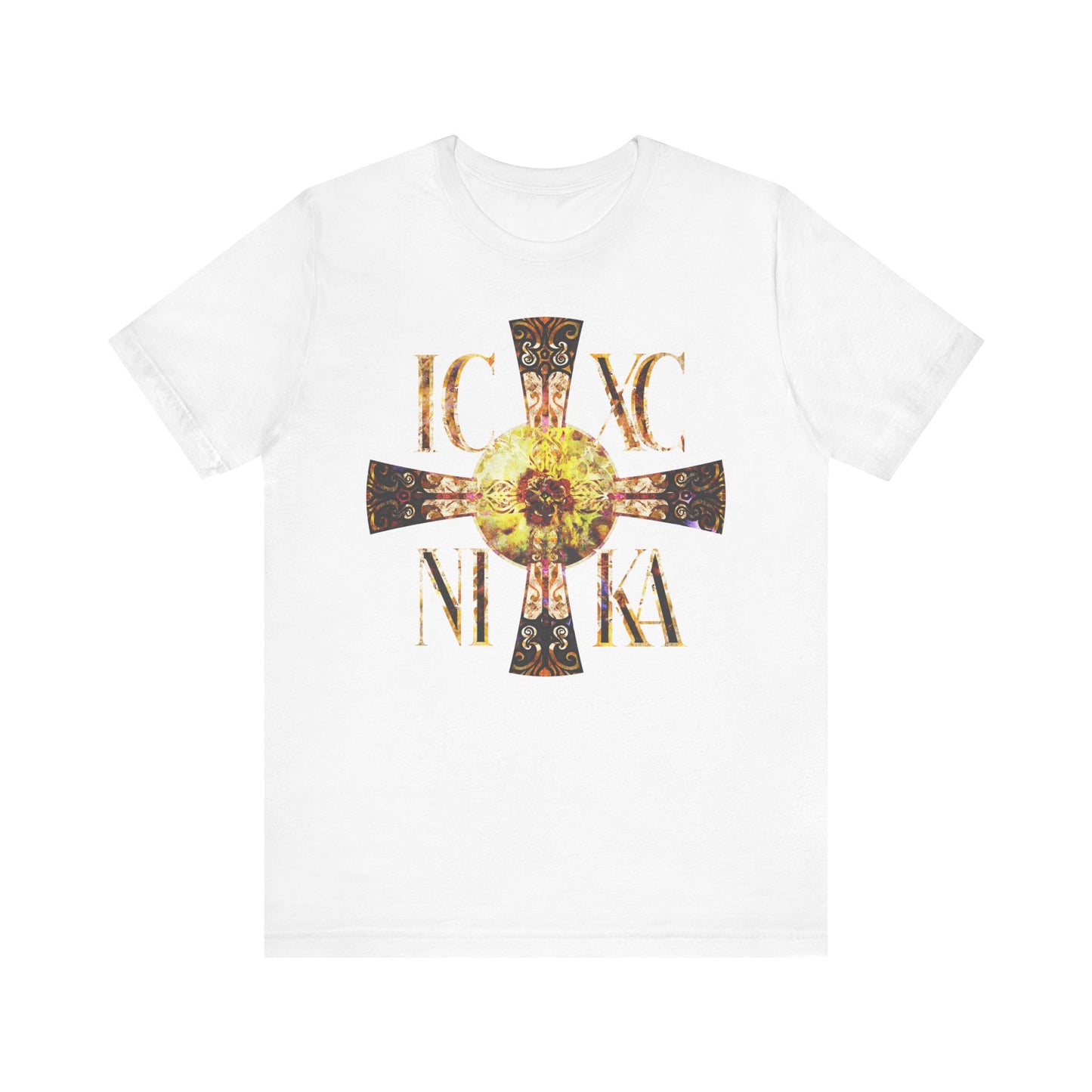 White ICXC NIKA Celtic Style Equal Armed Cross Tee in lightweight cotton, featuring a bright solar texture and gold letters on the front. Unisex Orthodox design.