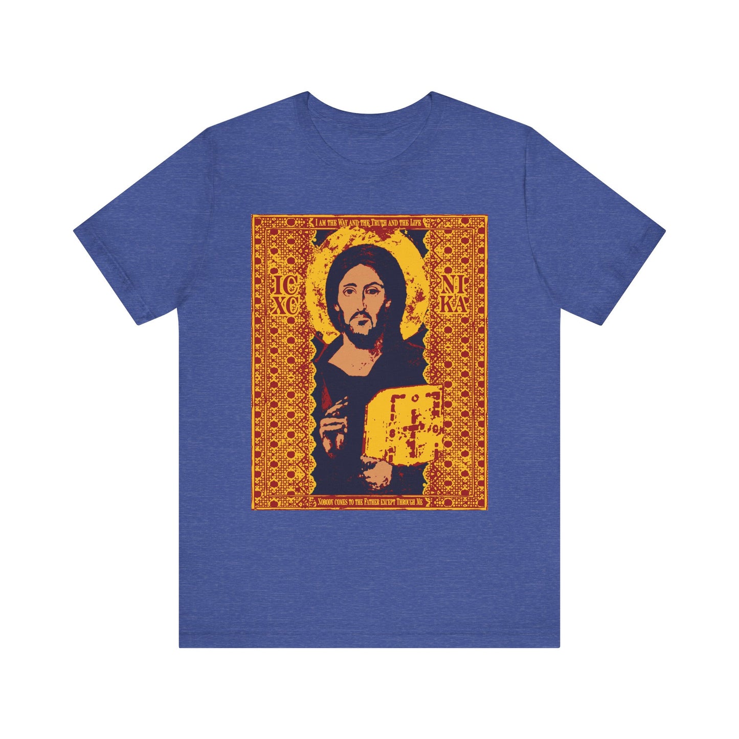 Heather True Royal t-shirt featuring the Sinai Pantocrator iconographic image of Jesus Christ—a bearded figure holding a book with ornate gold borders—accompanied by the phrase “I am the Way” from John 14:6, inspired by Orthodox Christian tradition.