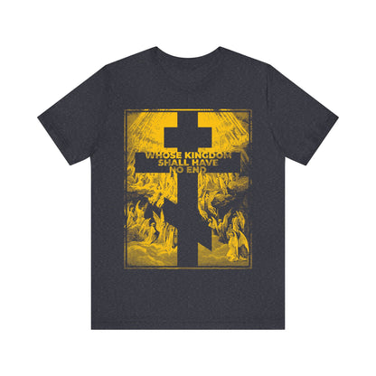 Heather Navy t-shirt featuring "Whose Kingdom Shall Have No End" from the Nicene Creed, with abstract figures and a design inspired by Gustave Dore's Etching.