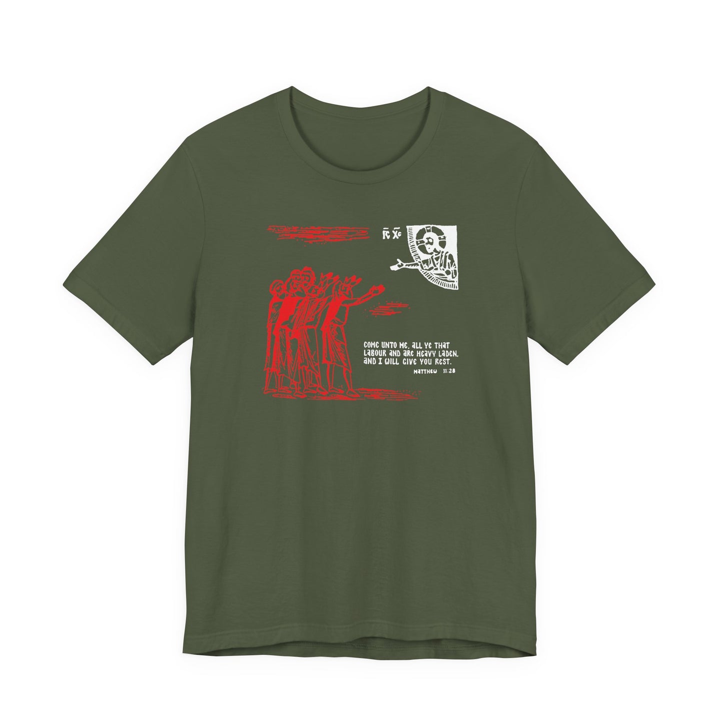 Military green Orthodox Christian cotton t-shirt featuring a red icono-graphic design and English text from Matthew 11:28: "Come Unto Me All Ye That Labour & Are Heavy Laden.
