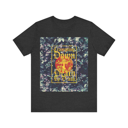 Trampling Down Death By Death | Paschal Floral Design with Gothic Script and Three-Bar Cross | Orthodox Christian T-Shirt