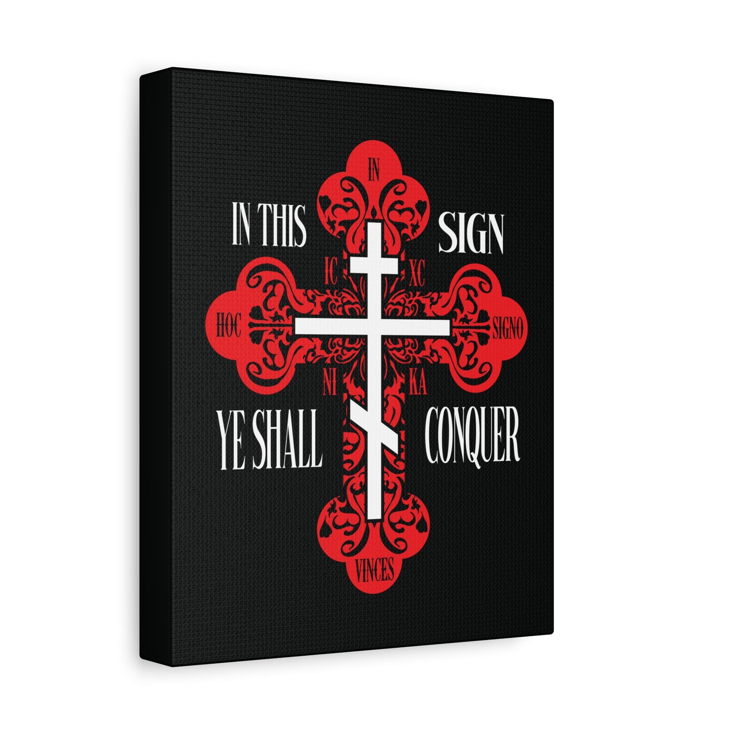 A red ornate Orthodox cross with "In This Sign Ye Shall Conquer" (ICXC NIKA) on a black background, featured in Christian wall art—symbolizing the victory of Jesus Christ over spiritual warfare.