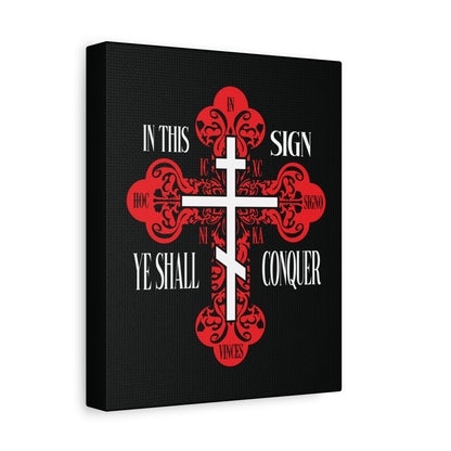 A red ornate Orthodox cross with "In This Sign Ye Shall Conquer" (ICXC NIKA) on a black background, featured in Christian wall art—symbolizing the victory of Jesus Christ over spiritual warfare.
