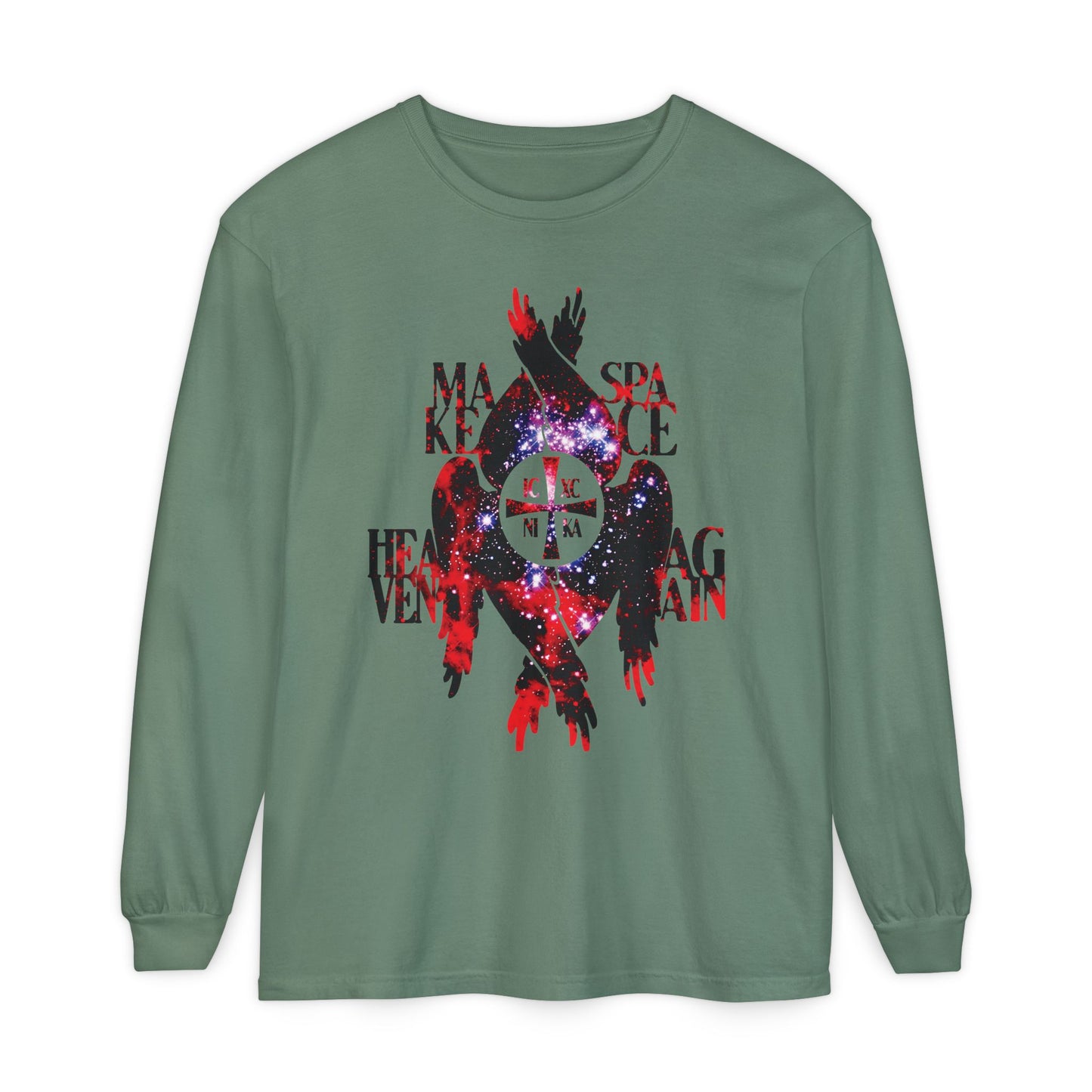 Light green long-sleeve shirt featuring the Make Space Heaven Again design, with a cosmic ICXC NIKA cross, seraphim wings, layered black and red text, and a galaxy-inspired pattern.