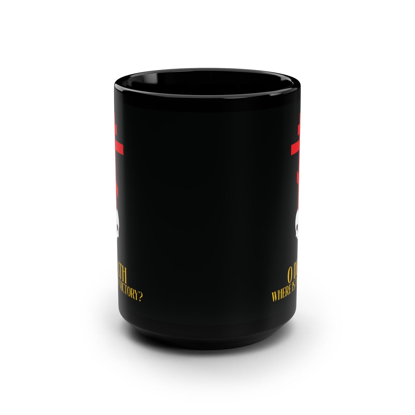 O Death Where is Thy Victory? (1 Corinthians 15:55) | Cross Stabbing Skull | Yellow Text | Orthodox Christian 15oz Black Mug