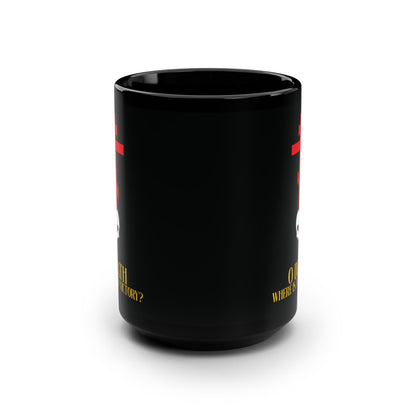 O Death Where is Thy Victory? (1 Corinthians 15:55) | Cross Stabbing Skull | Yellow Text | Orthodox Christian 15oz Black Mug