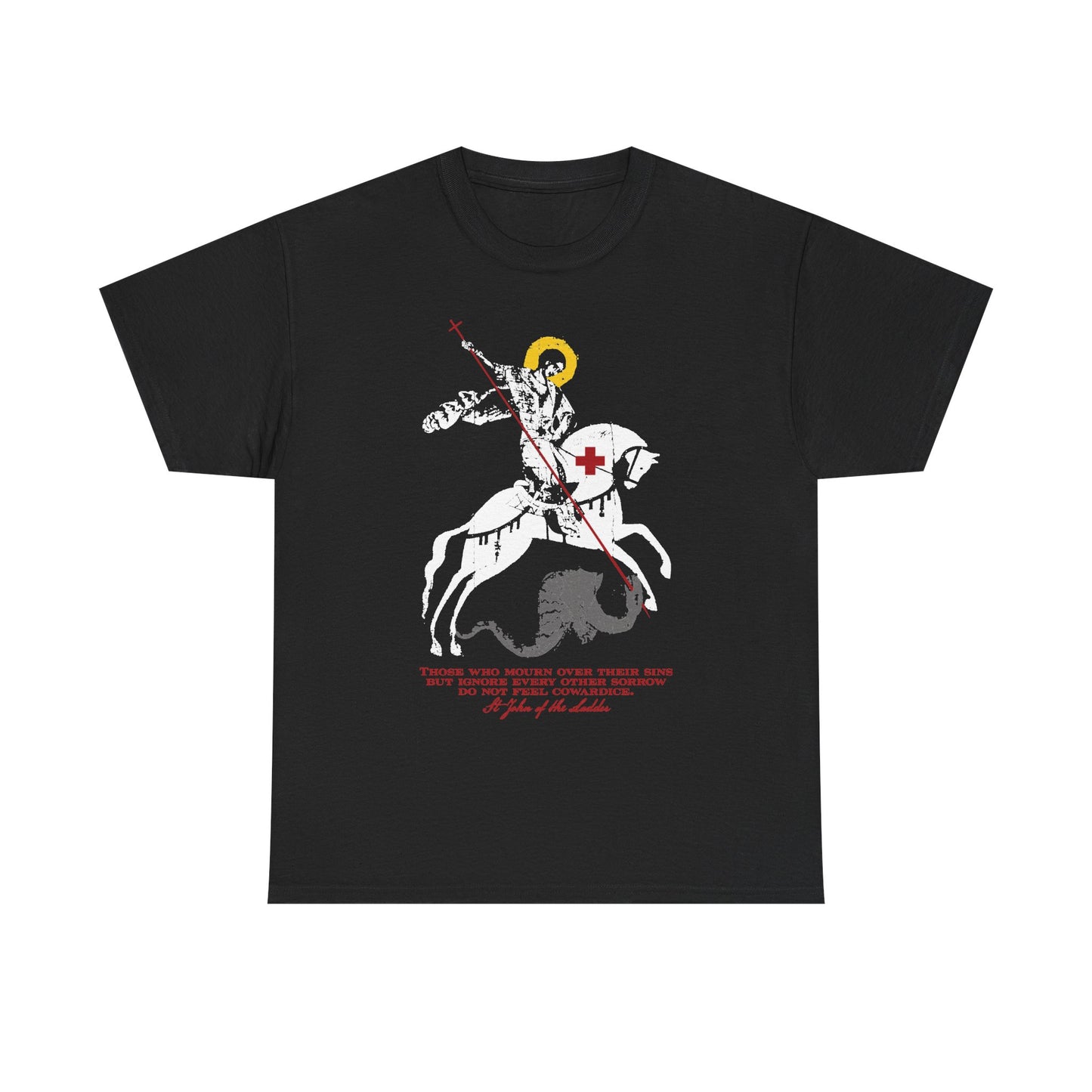 Black unisex midweight cotton tee titled “Those Who Mourn Over Their Sins,” featuring a St George slaying the dragon iconographic graphic, with text inspired by St John Climacus that reflects the journey of a proud soul learning Godly mourning.