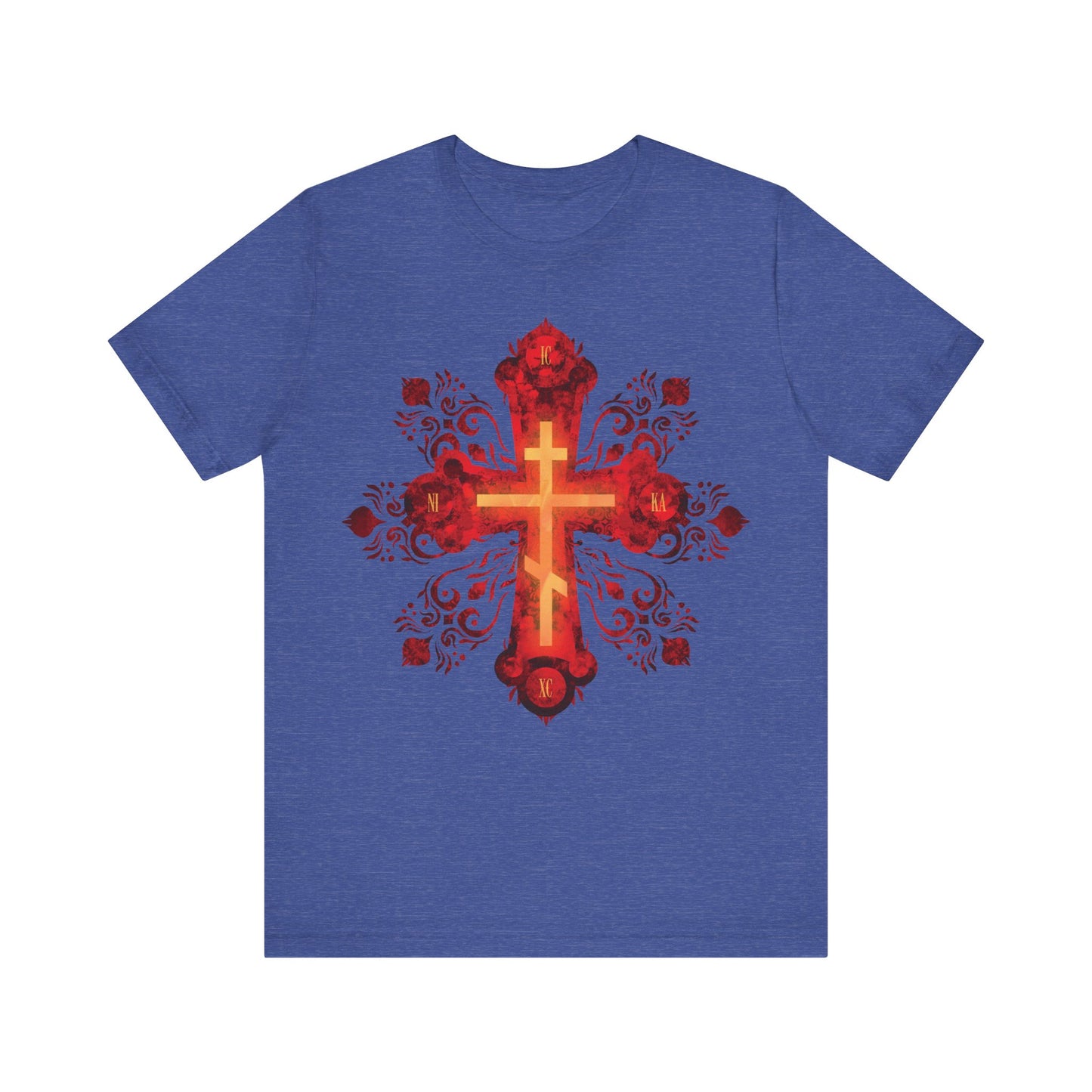 Heather True Royal tee featuring a red and gold ornate Russian-style Orthodox cross with "He was pierced for our transgressions"—a Christian unisex cotton shirt celebrating faith and devotion.