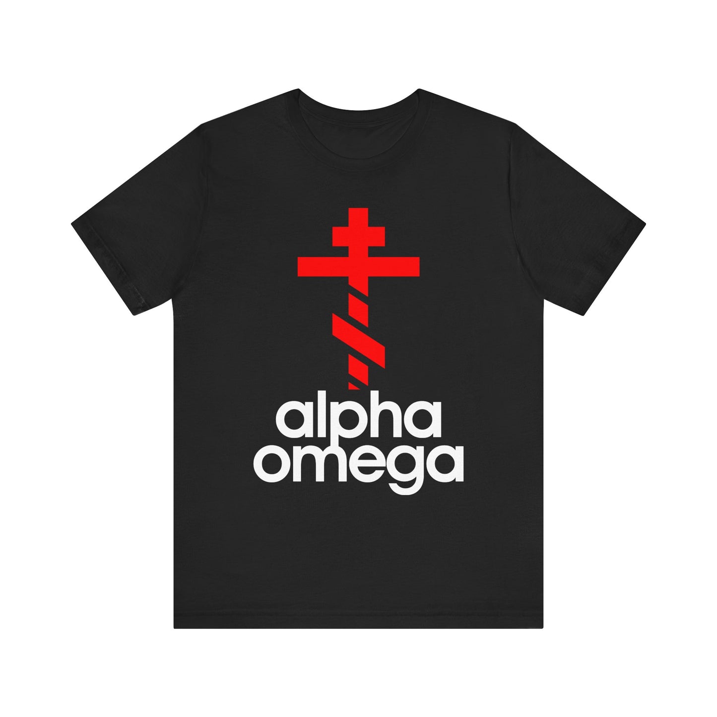 Black Alpha & Omega Red Orthodox Cross (Large Design) tee featuring a minimalist Adidas-inspired logo mashup; lightweight unisex cotton shirt in black with bold white lettering, inspired by themes of Christian life and repentance.