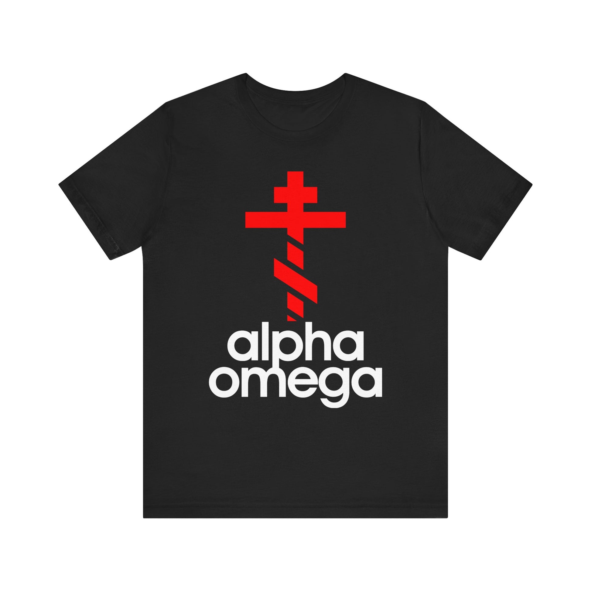 Black Alpha & Omega Red Orthodox Cross (Large Design) tee featuring a minimalist Adidas-inspired logo mashup; lightweight unisex cotton shirt in black with bold white lettering, inspired by themes of Christian life and repentance.