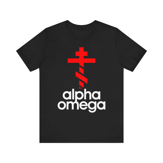 Black Alpha & Omega Red Orthodox Cross (Large Design) tee featuring a minimalist Adidas-inspired logo mashup; lightweight unisex cotton shirt in black with bold white lettering, inspired by themes of Christian life and repentance.