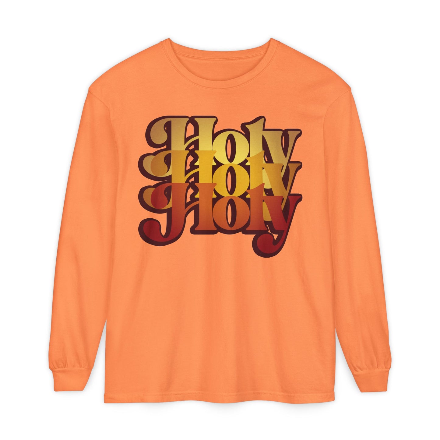 Melon long-sleeve cotton shirt featuring “Holy Holy Holy” in bold brown and gold, inspired by Isaiah 6 and Orthodox tradition. 70s style Trisagion Liturgical Prayer, Cherubim & Seraphim design on front.