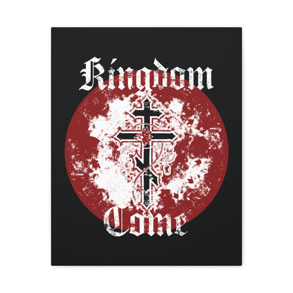 Kingdom Come Orthodox Christian canvas art features an Orthodox cross with vine, red moon, and "Thy Kingdom Come" in textured gothic font—design inspired by the Lord’s Prayer.
