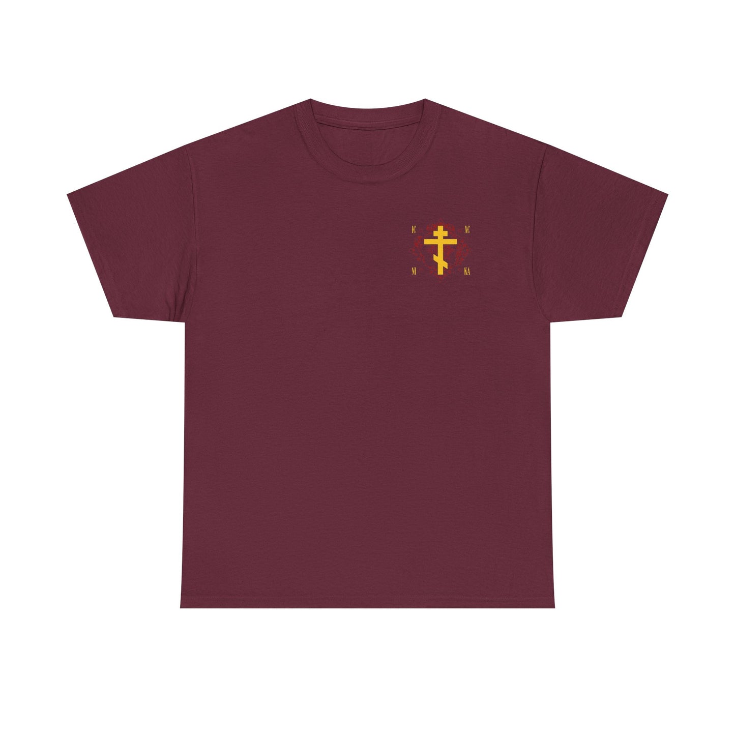 Maroon heavy cotton t-shirt featuring a small yellow ICXC NIKA Russian Cross on an ornate red background, with "Christ Conquers"—an Orthodox Christian design inspired by St Kosmas Aitolos.