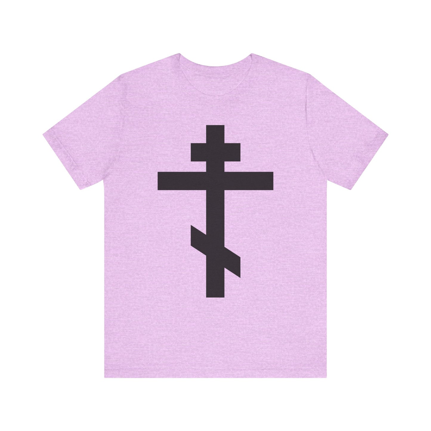 Heather Prism Lilac lightweight unisex tee featuring a large black Orthodox cross and the phrase, "He bore our sins on the cross so that we might die to sin & live to righteousness.