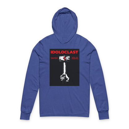 Heather True Royal hoodie featuring "Idoloclast Idol-Smasher" graphic: Jesus’ fist with sledgehammer, "Smash Your Passions," ICXC NIKA, celebrating Christian asceticism and Orthodox faith.
