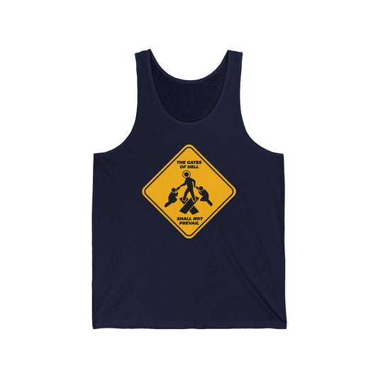 Gates of Hell Shall Not Prevail | Yellow Street Sign Minimalist Pascha Icon | Trampling Down Death By Death | Orthodox Christian Cotton Tank Top