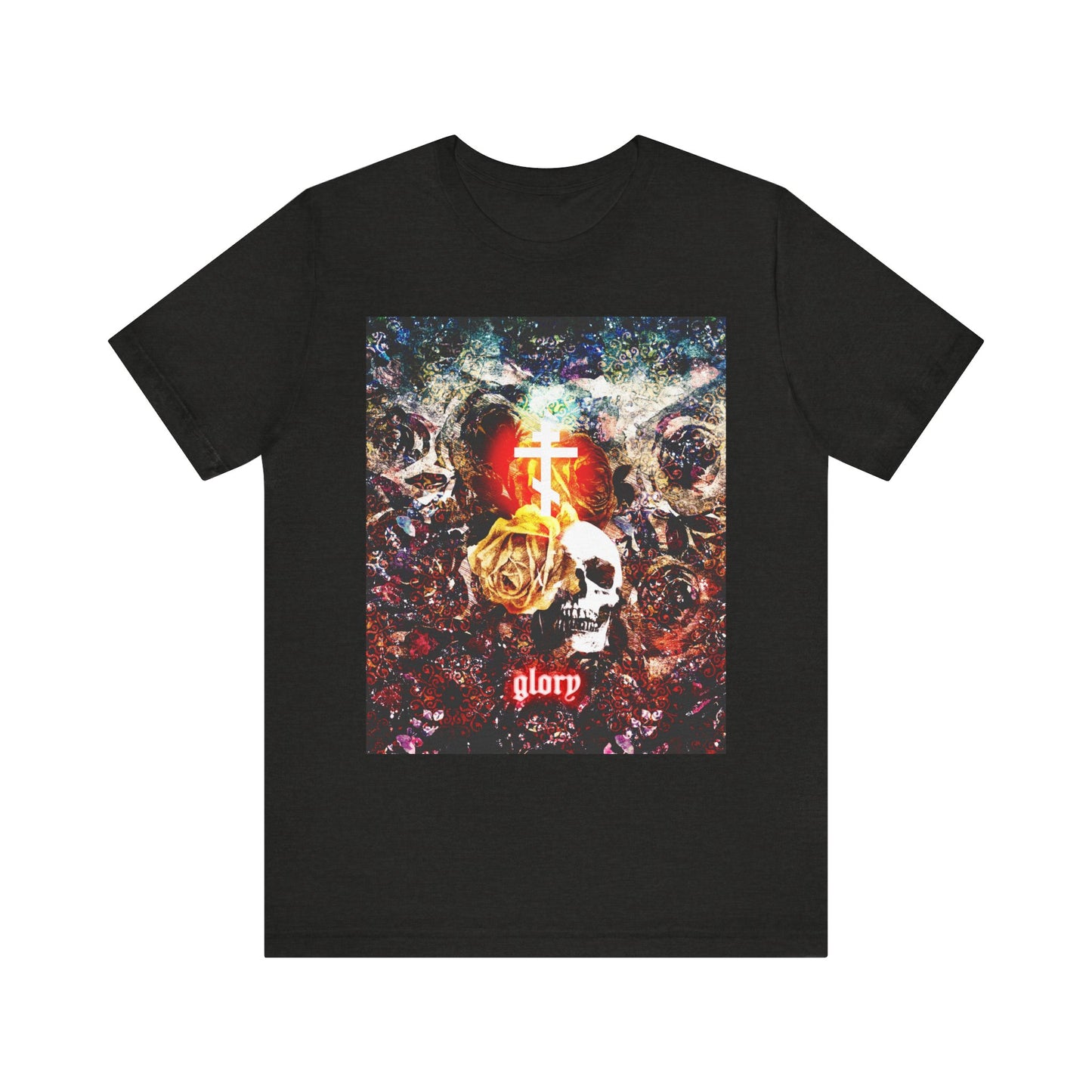 Certainly! Here’s a rewritten sentence using your product data: Black Heather unisex tee featuring the "Now the Son of Man is Glorified (John 13:31)" design—a skull, glowing floral cross, and vibrant abstract background inspired by Orthodox Christian themes surrounding the Last Supper and Jesus’ betrayal by Judas Iscariot.