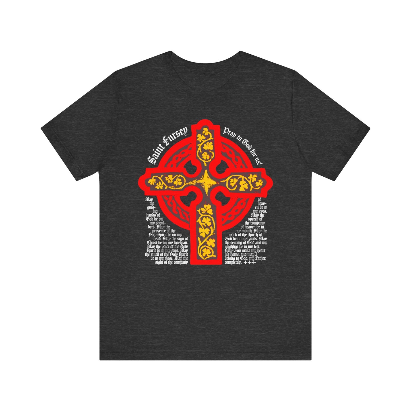 Dark Grey Heather unisex tee featuring a red and yellow Celtic cross inspired by St Fursey's Lorica, surrounded by white decorative text. Lightweight cotton, Irish Orthodox/Western Rite Christian design.
