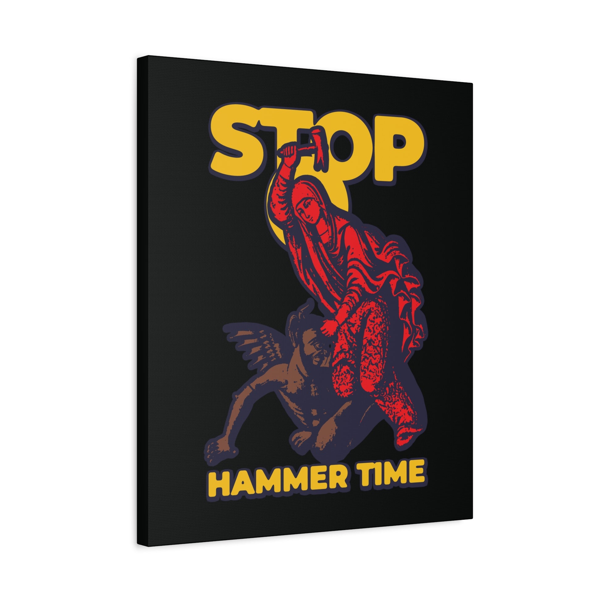 Modern Orthodox meme wall art: St Marina of Antioch beats the devil with a hammer, captioned "Stop, Hammer Time" in bold red, blue, and yellow on black—a playful Christian decor piece.