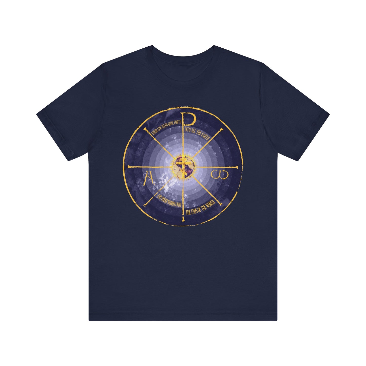 Navy Geocentric Cross & Chi Rho | Alpha & Omega unisex tee featuring a medieval-style blue and yellow graphic with Orthodox Christian symbols. Lightweight cotton for comfort.