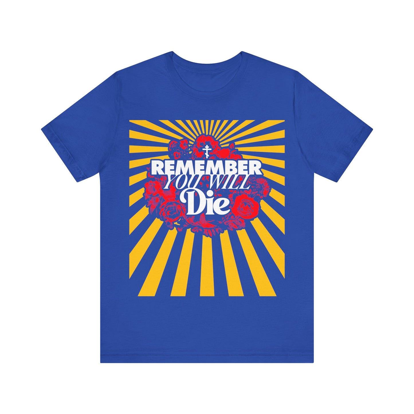 Remember You Will Die Red & Yellow Pop Art Design | Orthodox Cross | Memento Mori | Roses & Rays | Christian Lightweight Cotton Unisex Tee