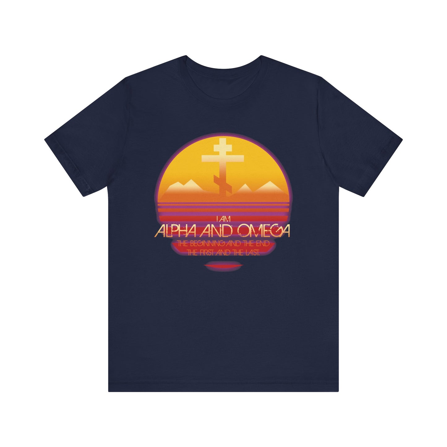 Navy "Alpha & Omega Beginning & End (Rev 22:13)" tee: Lightweight cotton, unisex fit, features an 80s Orthodox cross sunset design with text inspired by Revelation—He is the first and last, the bright morning star.