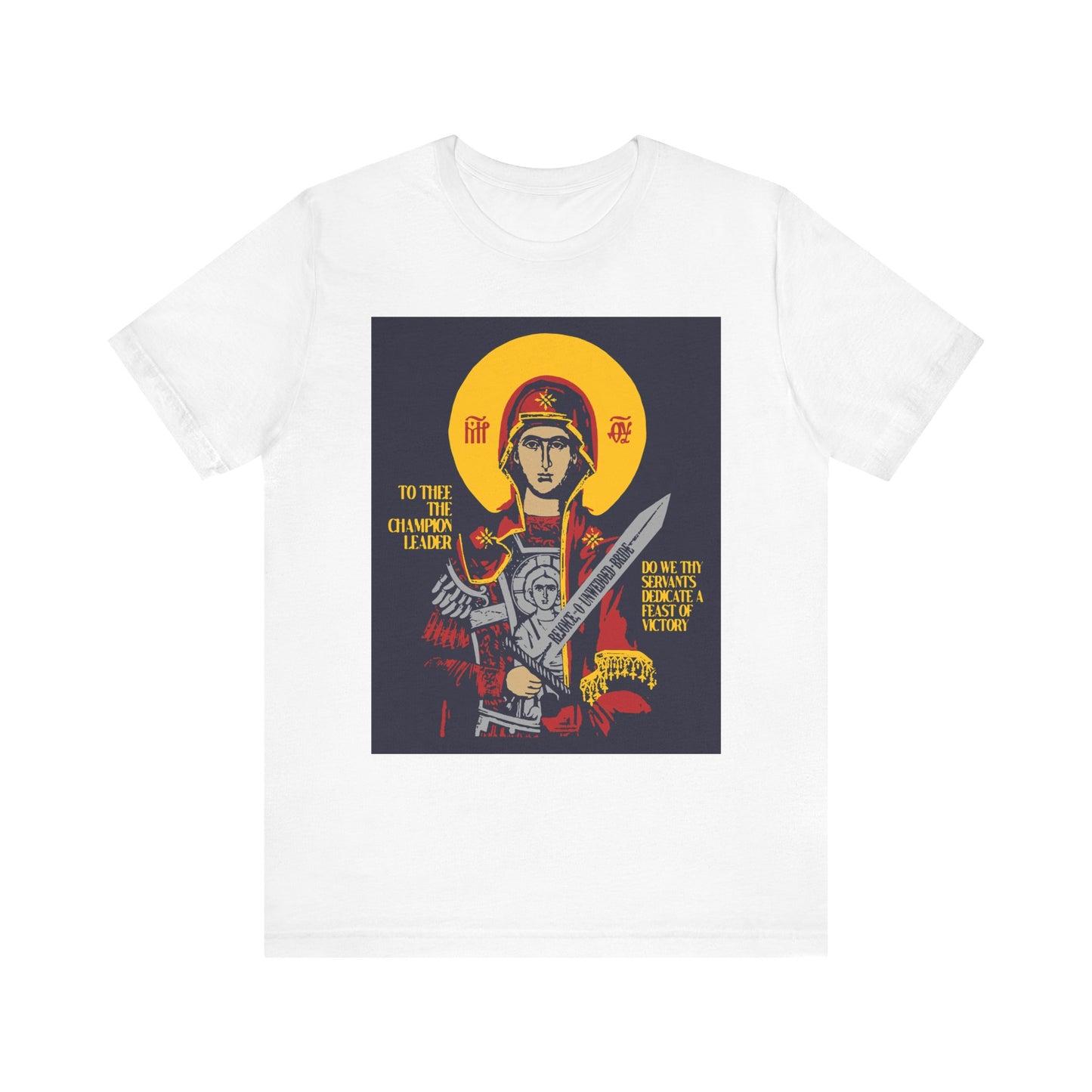 The white To Thee the Champion Leader tee features an illustrated Mother of God (Theotokos) with sword and halo, gold text below, symbolizing strength and divine protection in Orthodox Christian tradition.