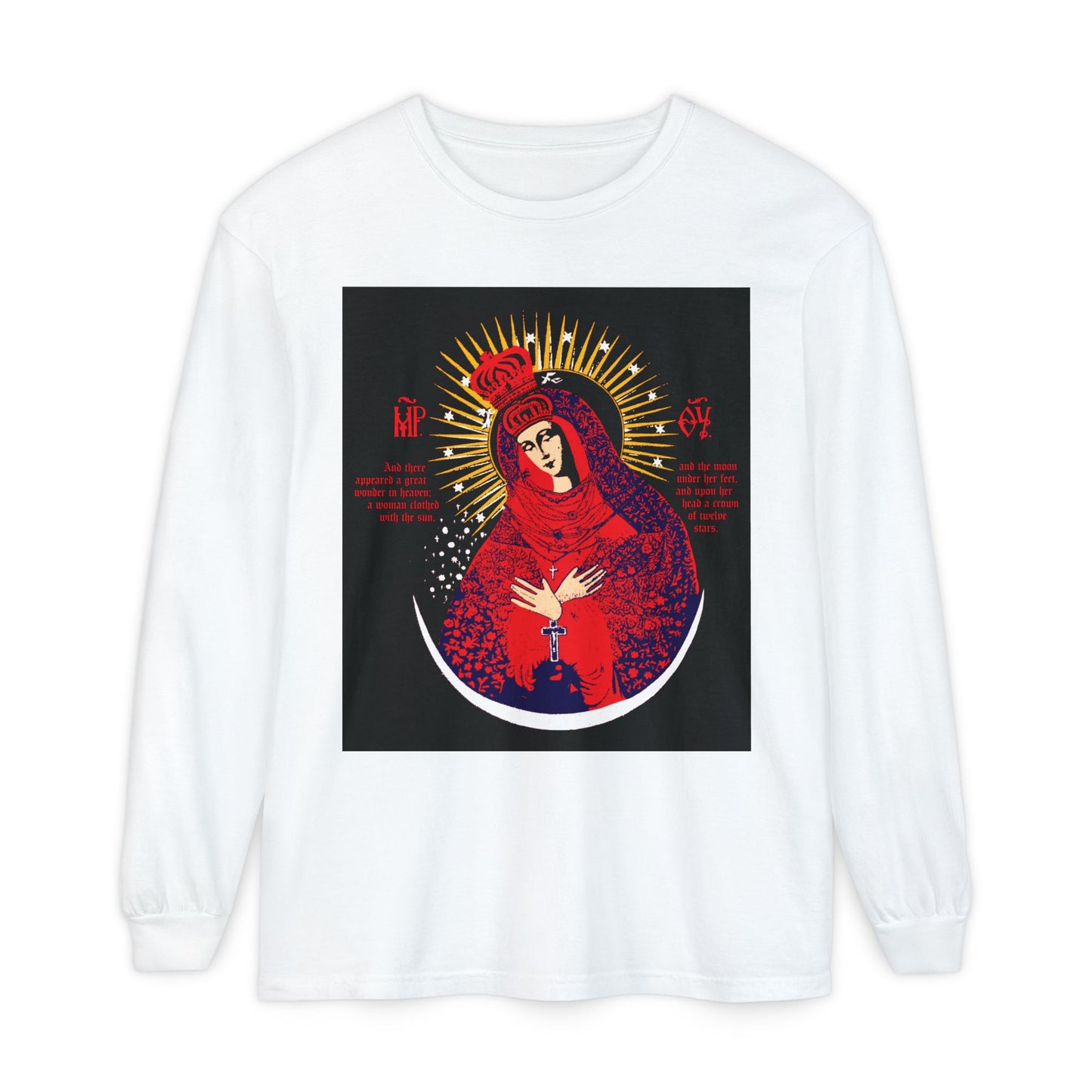 White cotton long-sleeve shirt featuring the "Our Lady the Gate of Dawn Icono-Graphic" in red, blue, and gold—a tribute to Vilnius icon traditions and Lithuanian Orthodoxy.