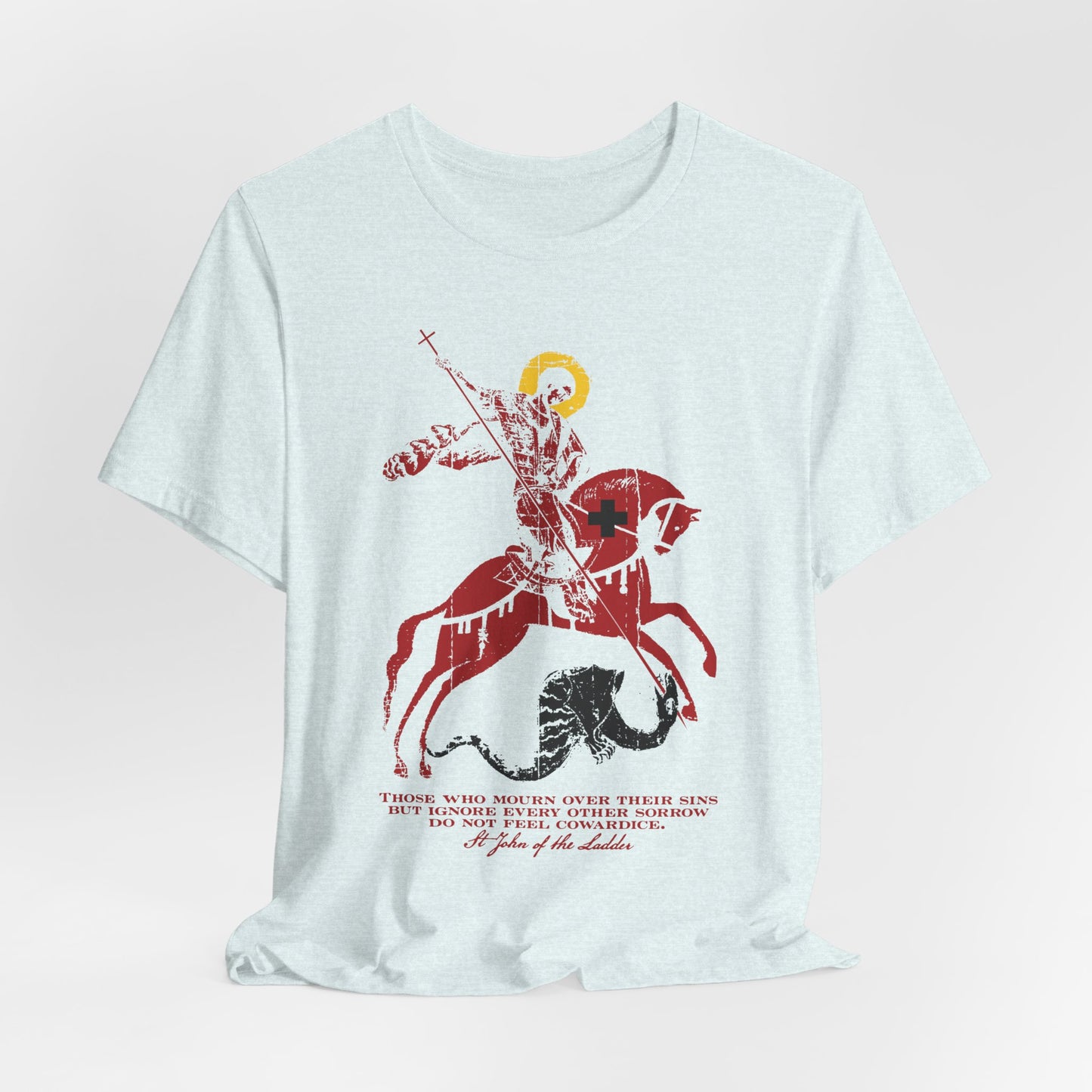 Lightweight cotton unisex tee titled “Those Who Mourn Over Their Sins,” featuring an iconographic illustration of St. George slaying the dragon, with a quote inspired by St. John Climacus beneath the artwork, reflecting Orthodox Christian themes of godly mourning and soulful sadness.
