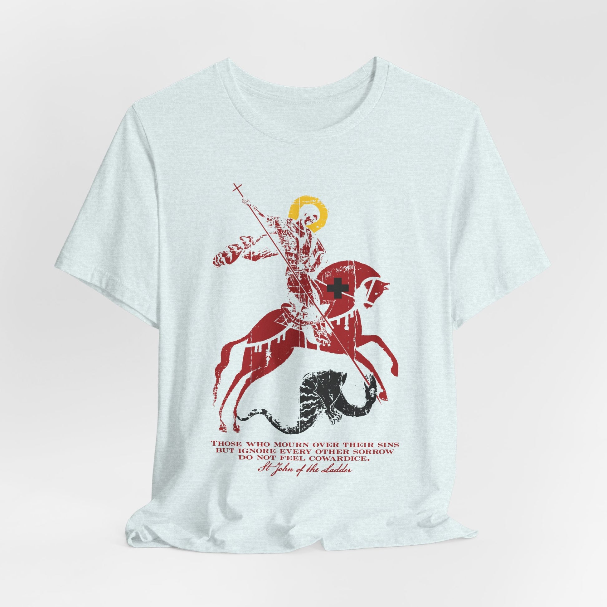 Lightweight cotton unisex tee titled “Those Who Mourn Over Their Sins,” featuring an iconographic illustration of St. George slaying the dragon, with a quote inspired by St. John Climacus beneath the artwork, reflecting Orthodox Christian themes of godly mourning and soulful sadness.