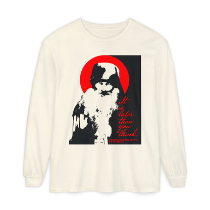 The Remembrance of Death "It's Later Than You Think" long sleeve shirt features a high-contrast black-and-white image of Fr Seraphim Rose on a bold red circle, with the phrase "It is later than you think. Spiritual Renaissance" in striking red text.