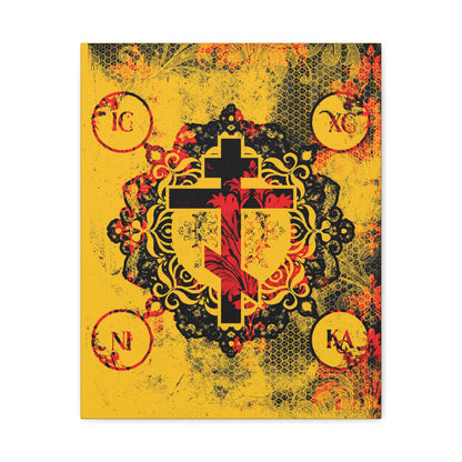 IC XC NIKA Orthodox Cross | Yellow & Red Modern & Medieval Textured Floral Design | Orthodox Christian Canvas Art