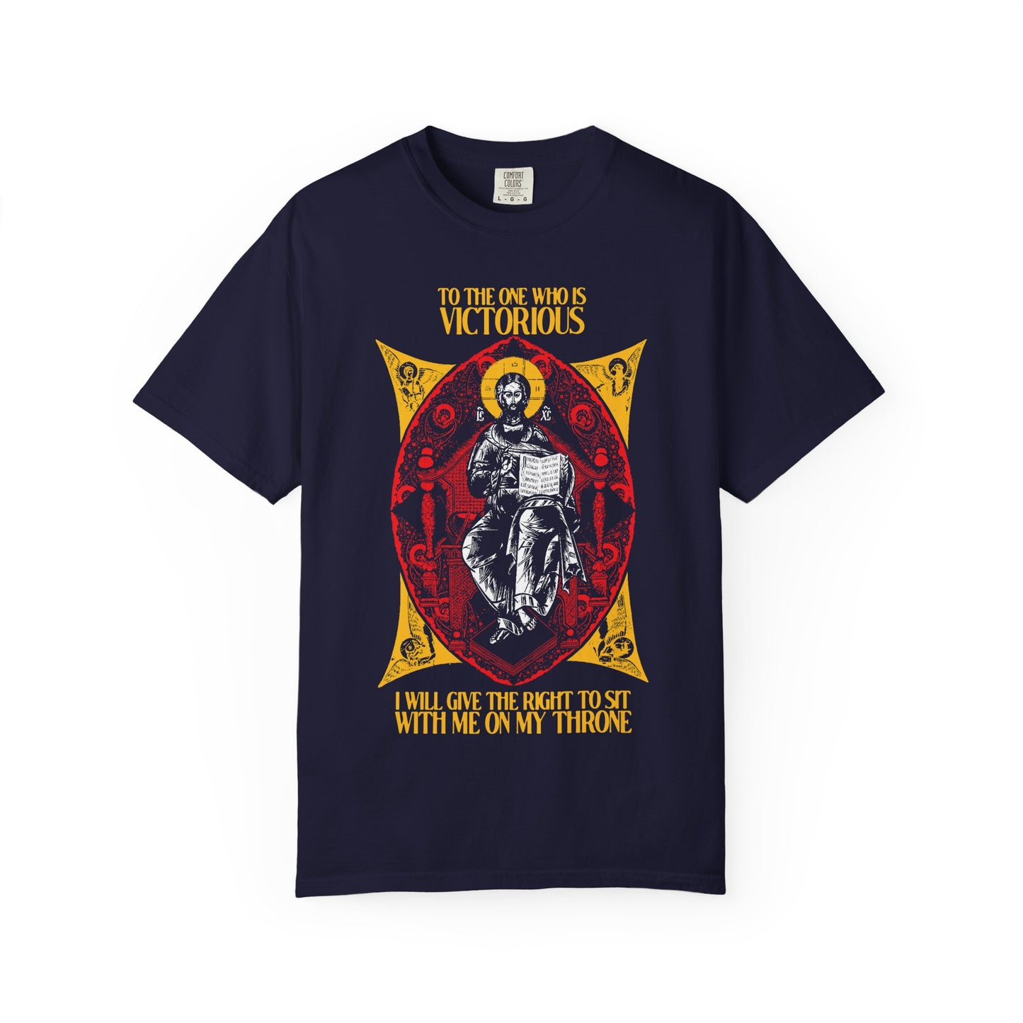 The "Christ is King, Enthroned In Glory IconoGraphic" Orthodox Christian tee in True Navy features Revelation 3:21: “To the one who is victorious… sit with me on my throne”—a powerful reminder of Christ’s promise to reign with Him.
