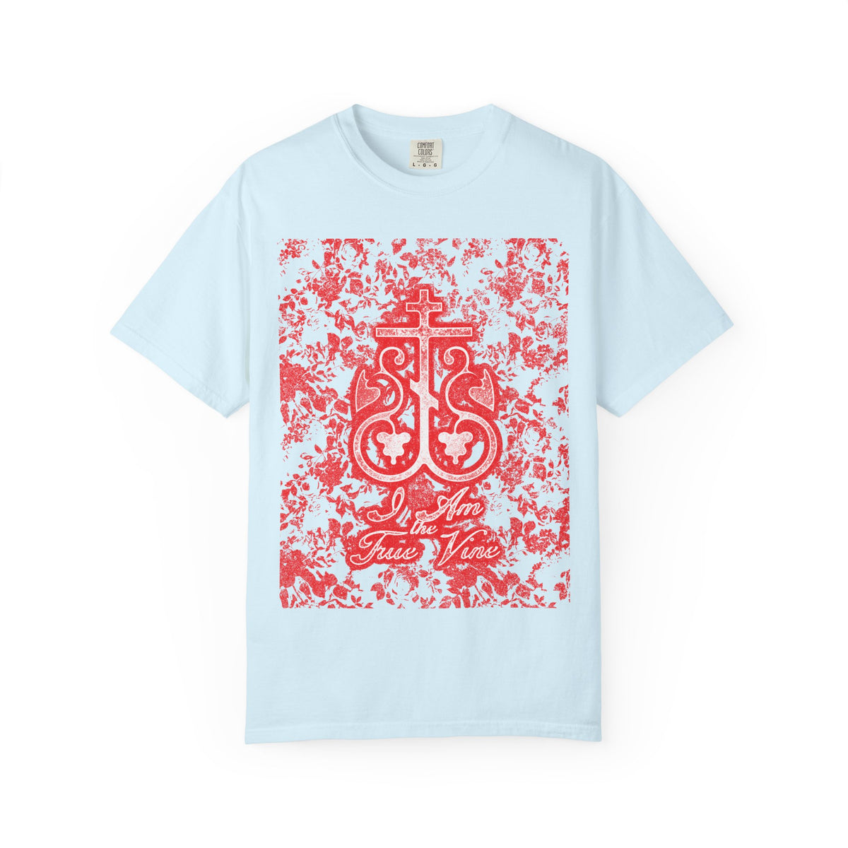 Chambray heavyweight cotton unisex tee featuring a bold red and black floral Orthodox cross vine monogram, with ornate script reading “I Am the True Vine” (John 15:1)—a meaningful reminder to stay rooted in faith and bear fruit.