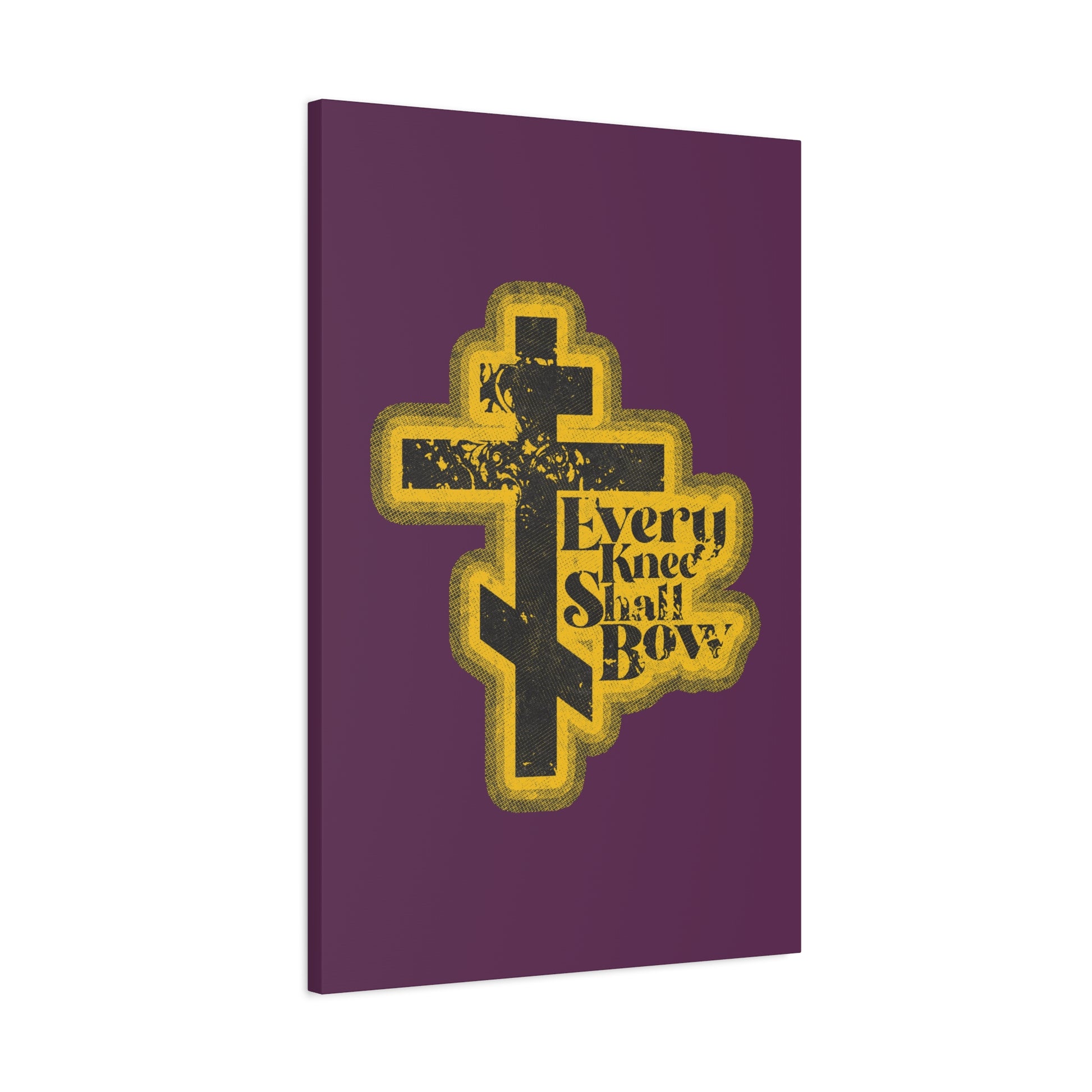 A gold cross on a dark purple background with "Every Knee Shall Bow," Philippians 2:10-11, and Isaiah 45:23 in a 70s distressed halftone comic book aesthetic Christian wall art.