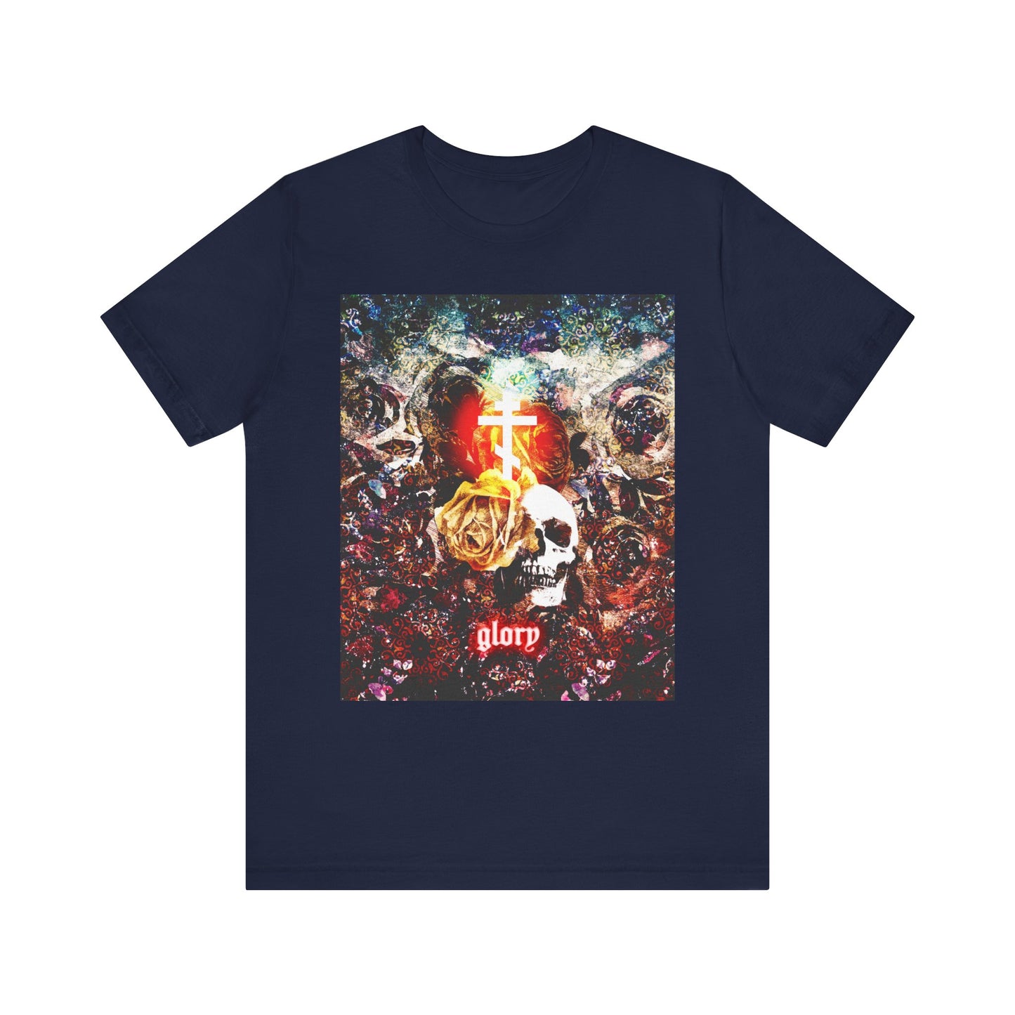 Navy "Now the Son of Man is Glorified (John 13:31)" lightweight cotton unisex tee featuring a skull, gold rose, and glowing cross set against a vibrant abstract background—an Orthodox Christian design symbolizing the dramatic moment of Jesus' betrayal by Judas Iscariot.