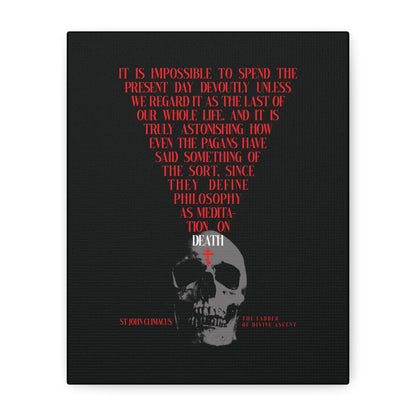 A canvas wall art features a skull with a red Orthodox cross and the phrase "The Present Day As the Last Day of Our Life," inspired by St John Climacus—an Orthodox memento mori reminder.