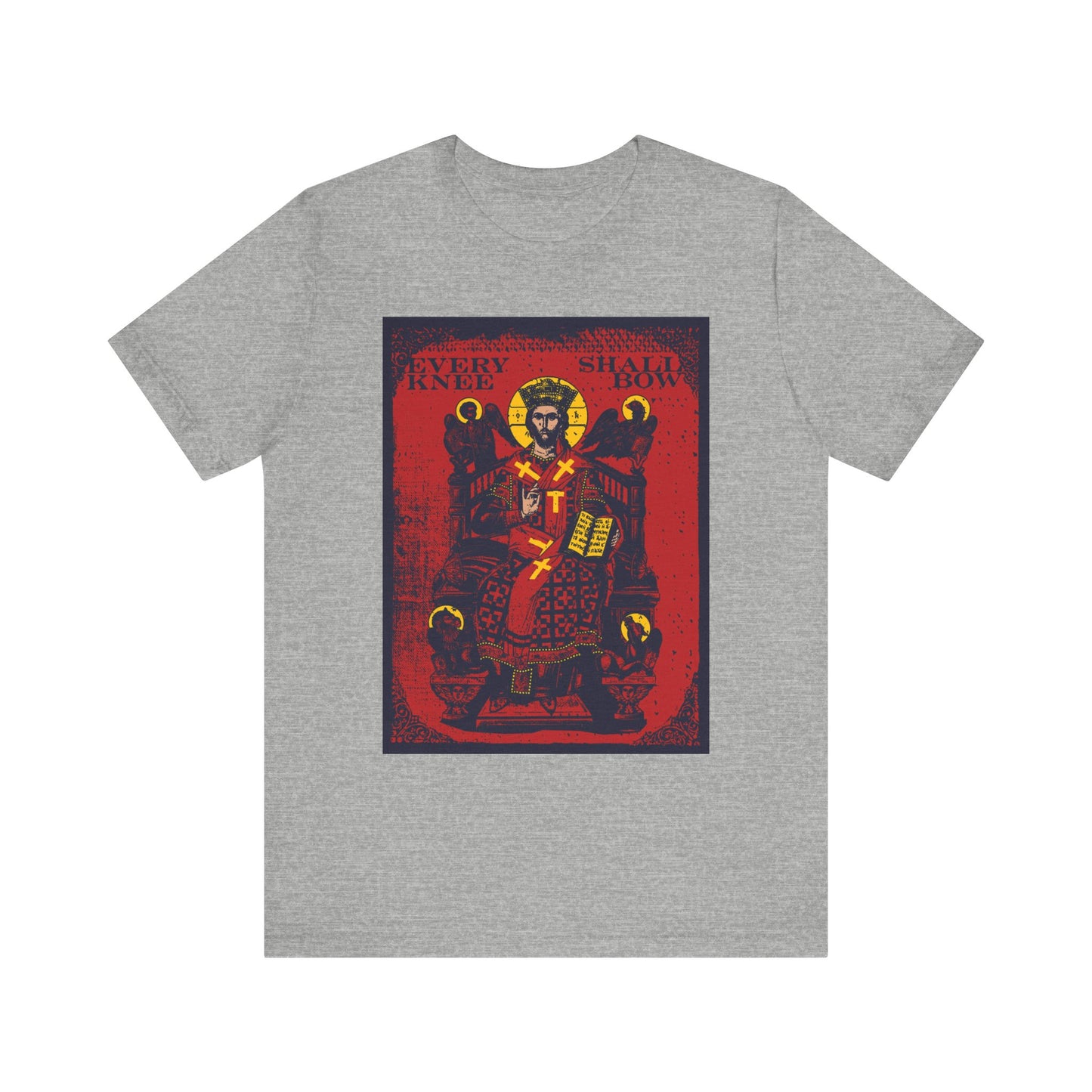 Athletic Heather unisex tee with a Christ Enthroned IconoGraphic and "Every Knee Shall Bow" in red/yellow, inspired by Phil 2:8-11 & Isaiah 45:23. Features Ezekiel's Chariot design on lightweight cotton.